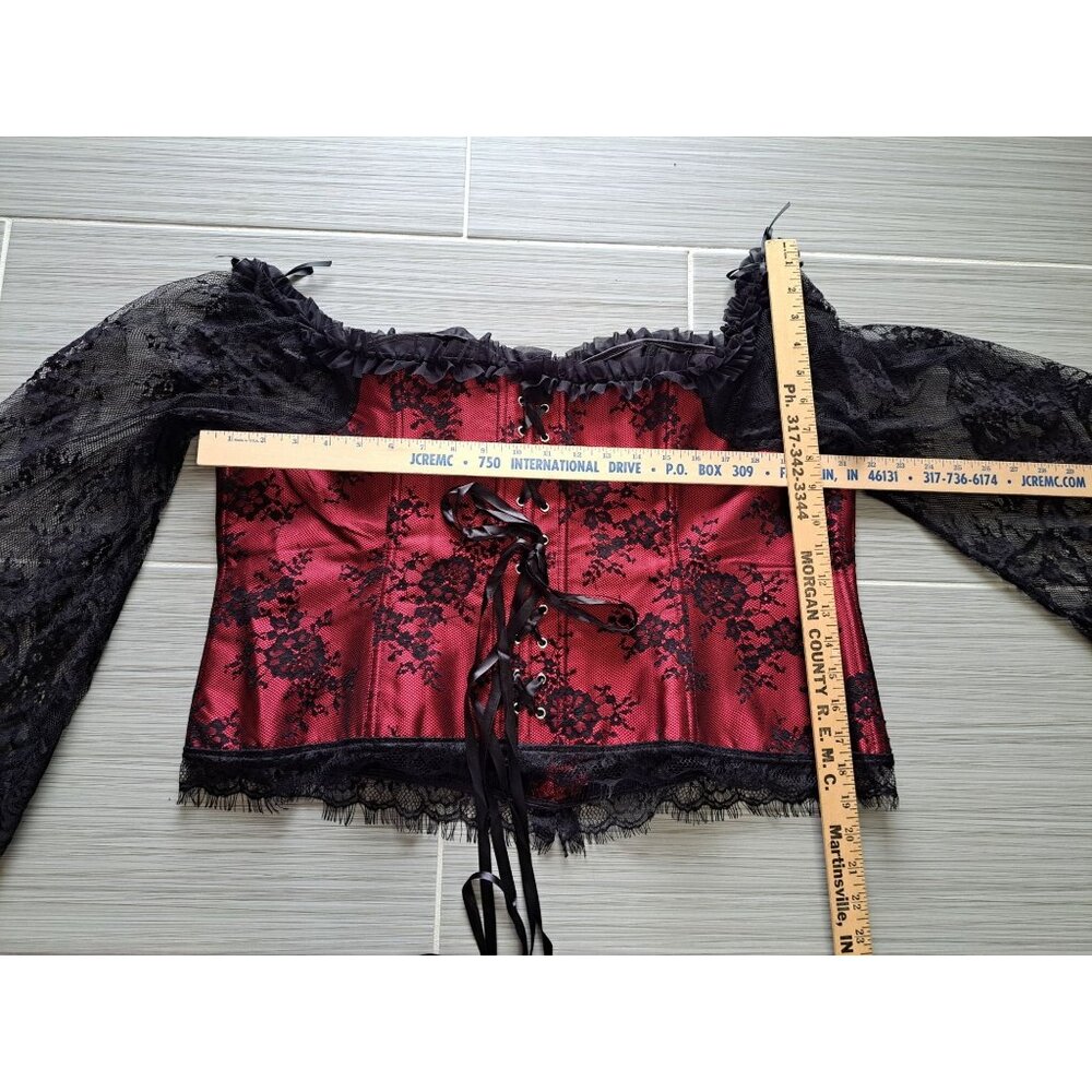 Gothic Red & Black Lace Off-Shoulder Corset Top Bell Sleeves Bustier Blouse 7XL - Picture 5 of 12